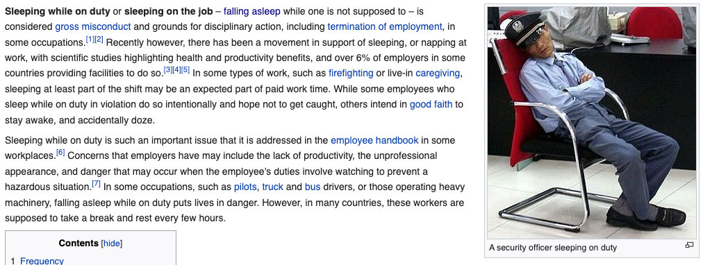 Sleeping while on duty, Wikipedia.