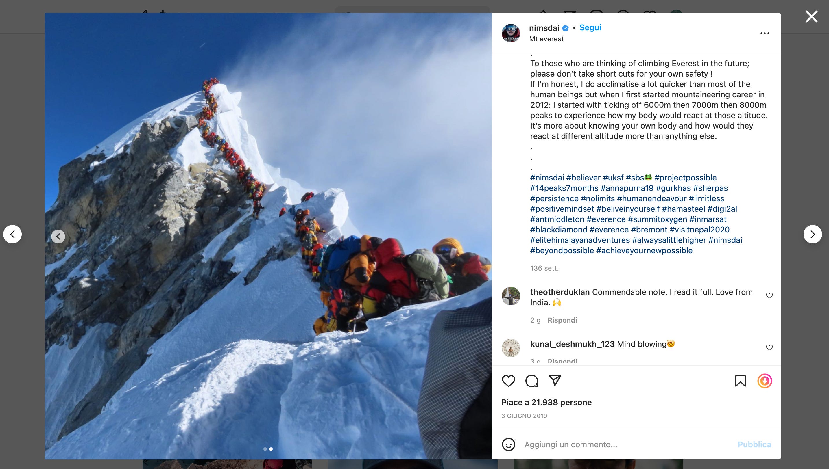 Coda in cima al Monte Everest, maggio 2019. Foto di Nirmal Purja.