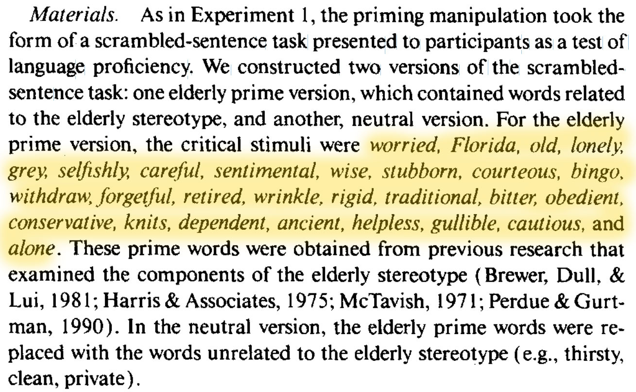 Un estratto da Automaticity of Social Behavior: Direct Effects of Trait Construct and Stereotype Activation on Action di Bargh, Chen e Burrows apparso sul Journal of Personality and Social Psychology, 1996, Vol. 71, No. 2, pp 230-244.